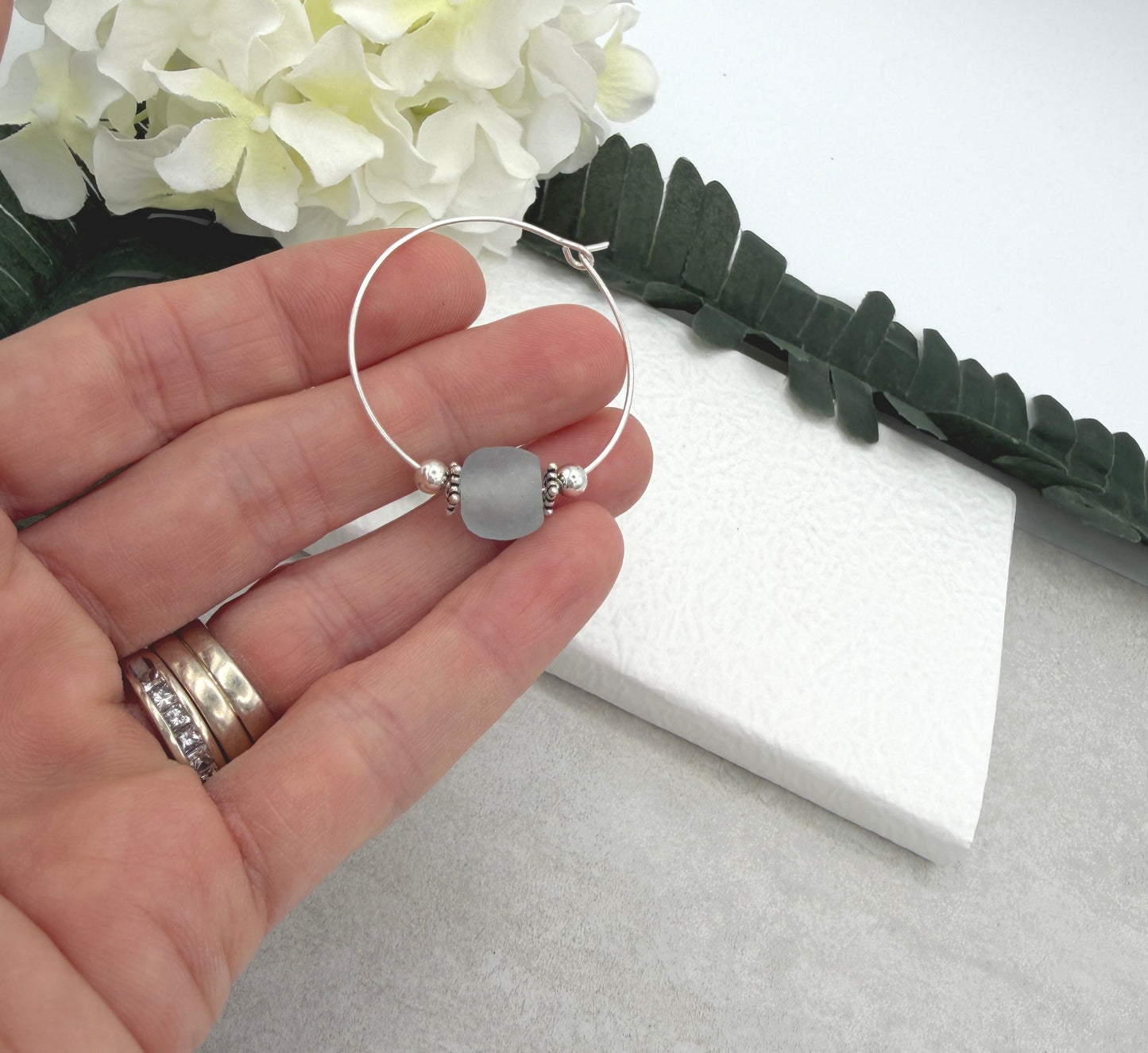 Hoop Earrings with Blue Recycled Glass Beads and Sterling Silver Beads CHE-524