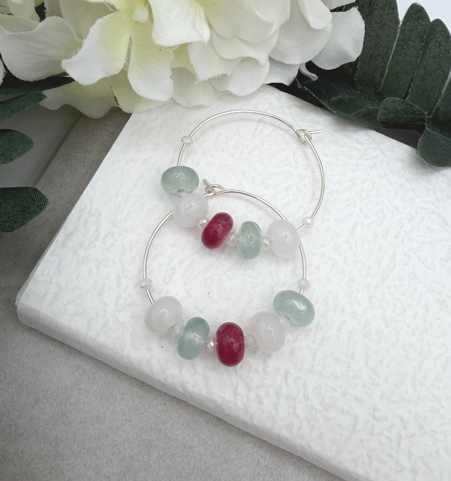 Hoop Earrings with White, Pink and Blue Jade Rondelle Beads and Crystal Spacers CHE-531