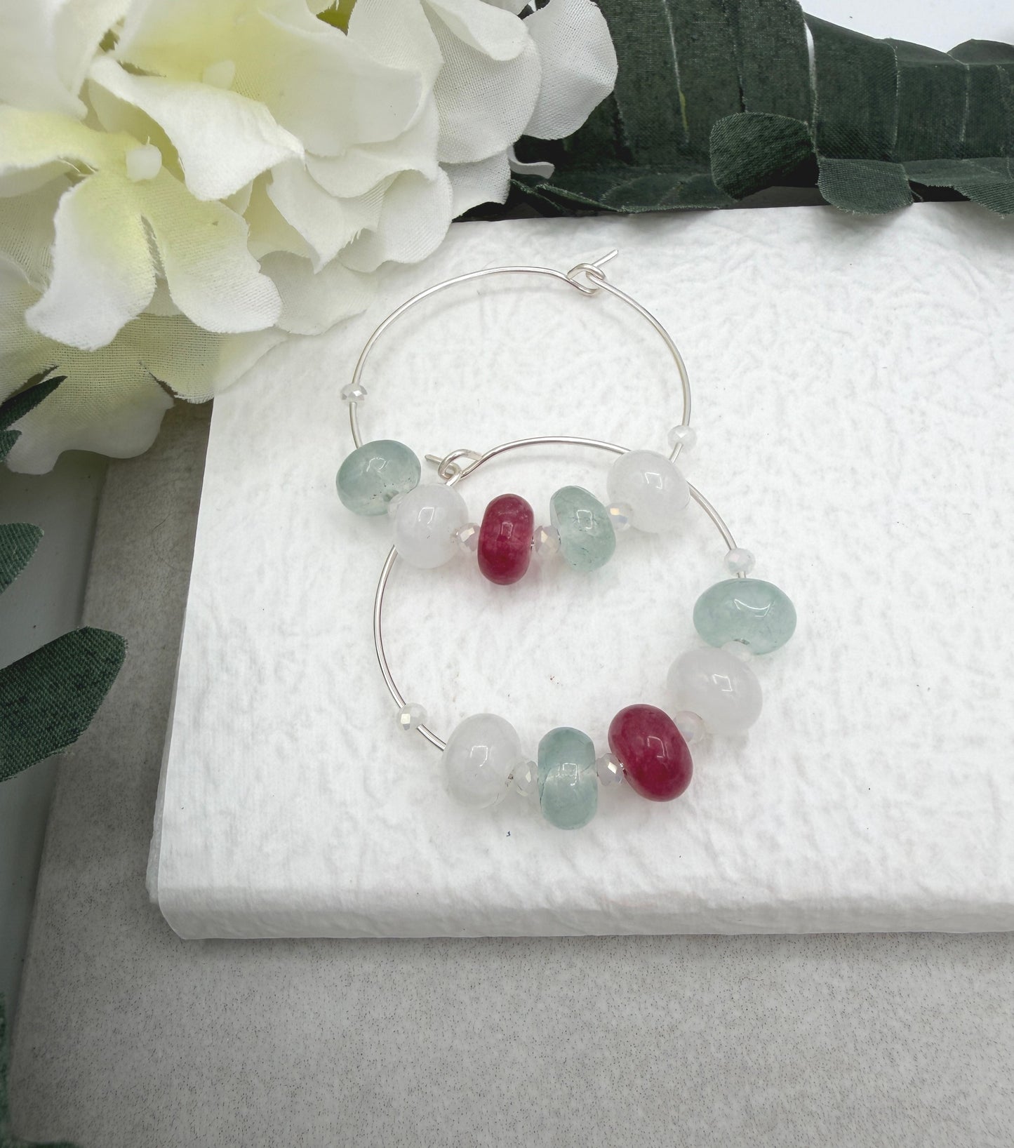 Hoop Earrings with White, Pink and Blue Jade Rondelle Beads and Crystal Spacers CHE-531