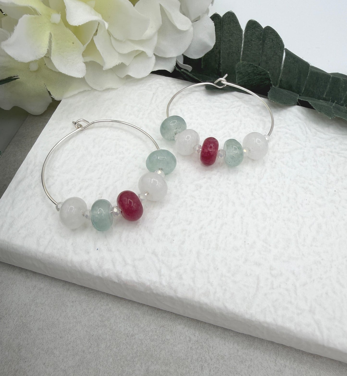 Hoop Earrings with White, Pink and Blue Jade Rondelle Beads and Crystal Spacers CHE-531