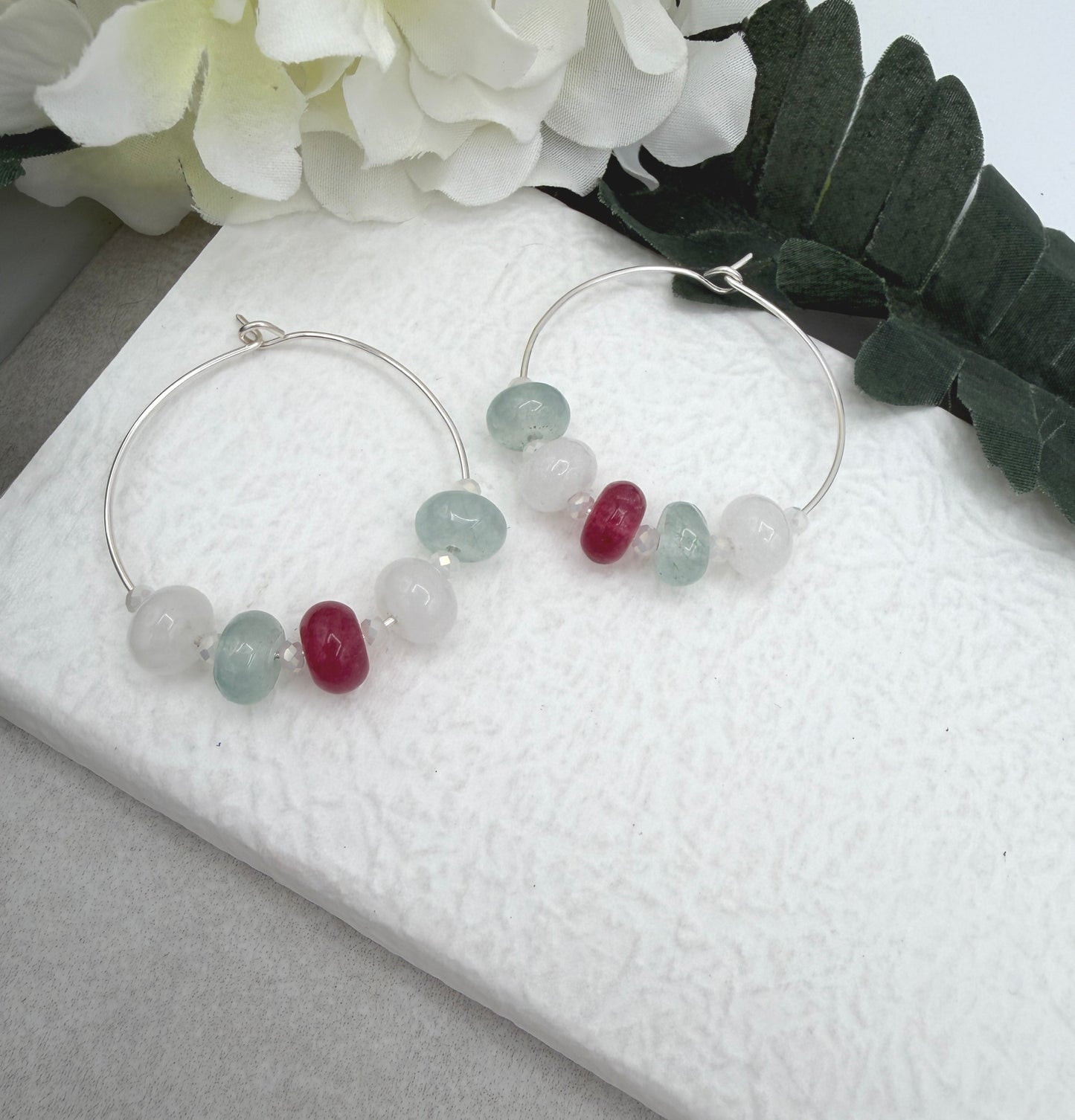 Hoop Earrings with White, Pink and Blue Jade Rondelle Beads and Crystal Spacers CHE-531