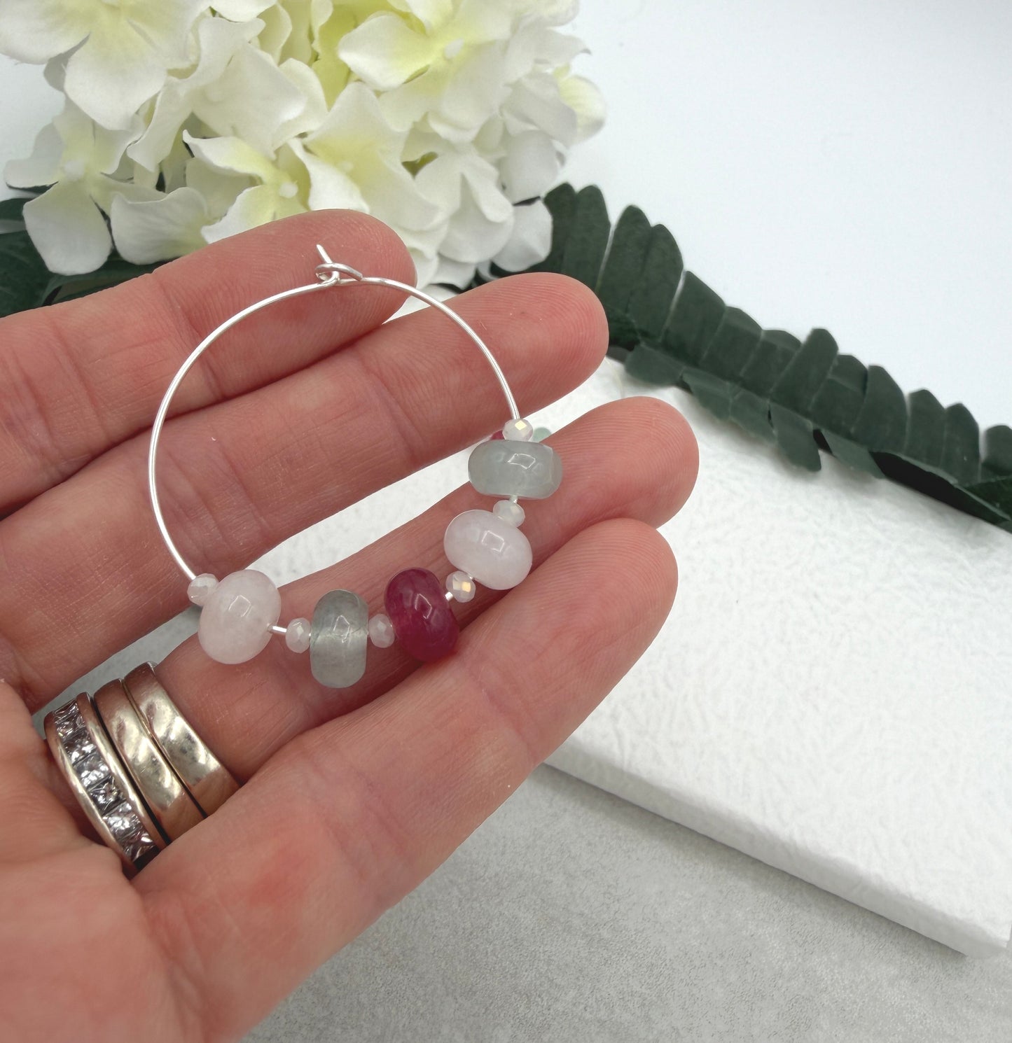 Hoop Earrings with White, Pink and Blue Jade Rondelle Beads and Crystal Spacers CHE-531