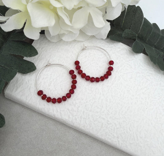 Hoop Earrings with Red Crystal Beads CHE-532
