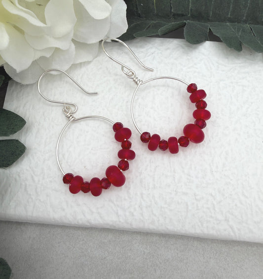 Earrings with Frosted Red Glass and Red Crystal on Loops and Sterling Silver Ear Wires CHE-533