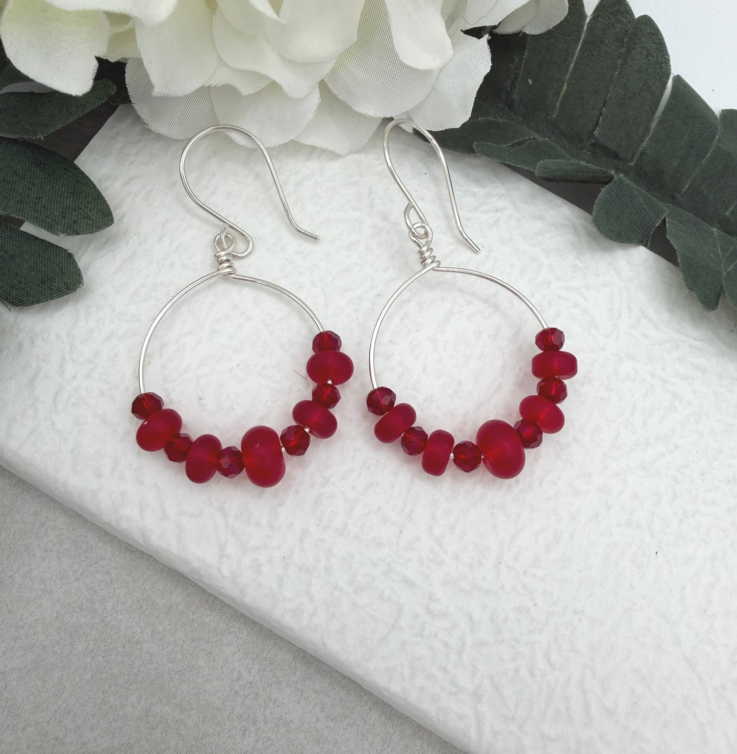 Earrings with Frosted Red Glass and Red Crystal on Loops and Sterling Silver Ear Wires CHE-533