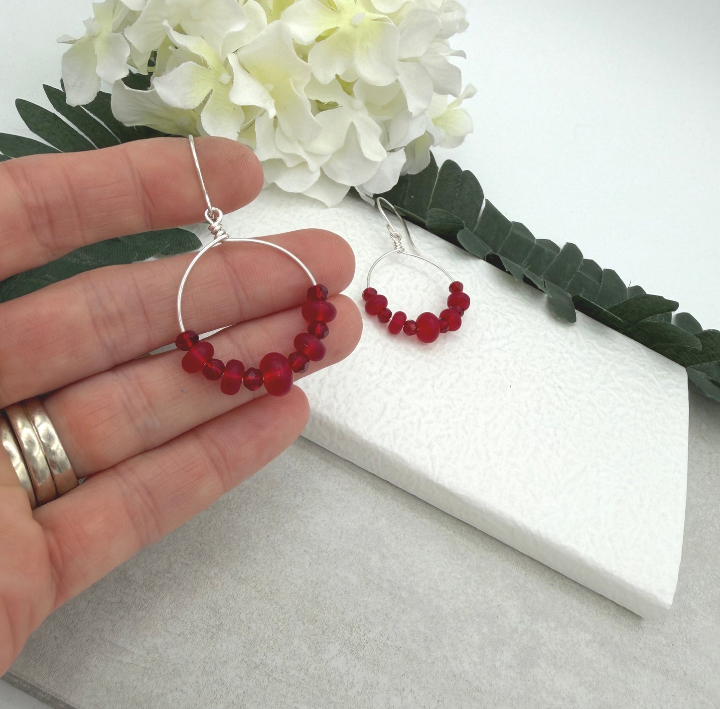 Earrings with Frosted Red Glass and Red Crystal on Loops and Sterling Silver Ear Wires CHE-533
