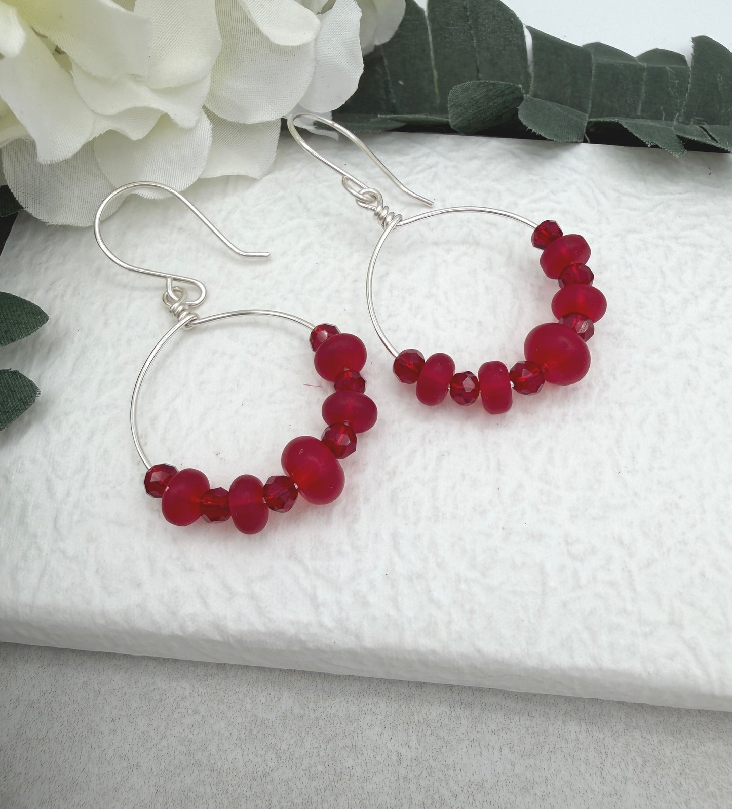 Earrings with Frosted Red Glass and Red Crystal on Loops and Sterling Silver Ear Wires CHE-533