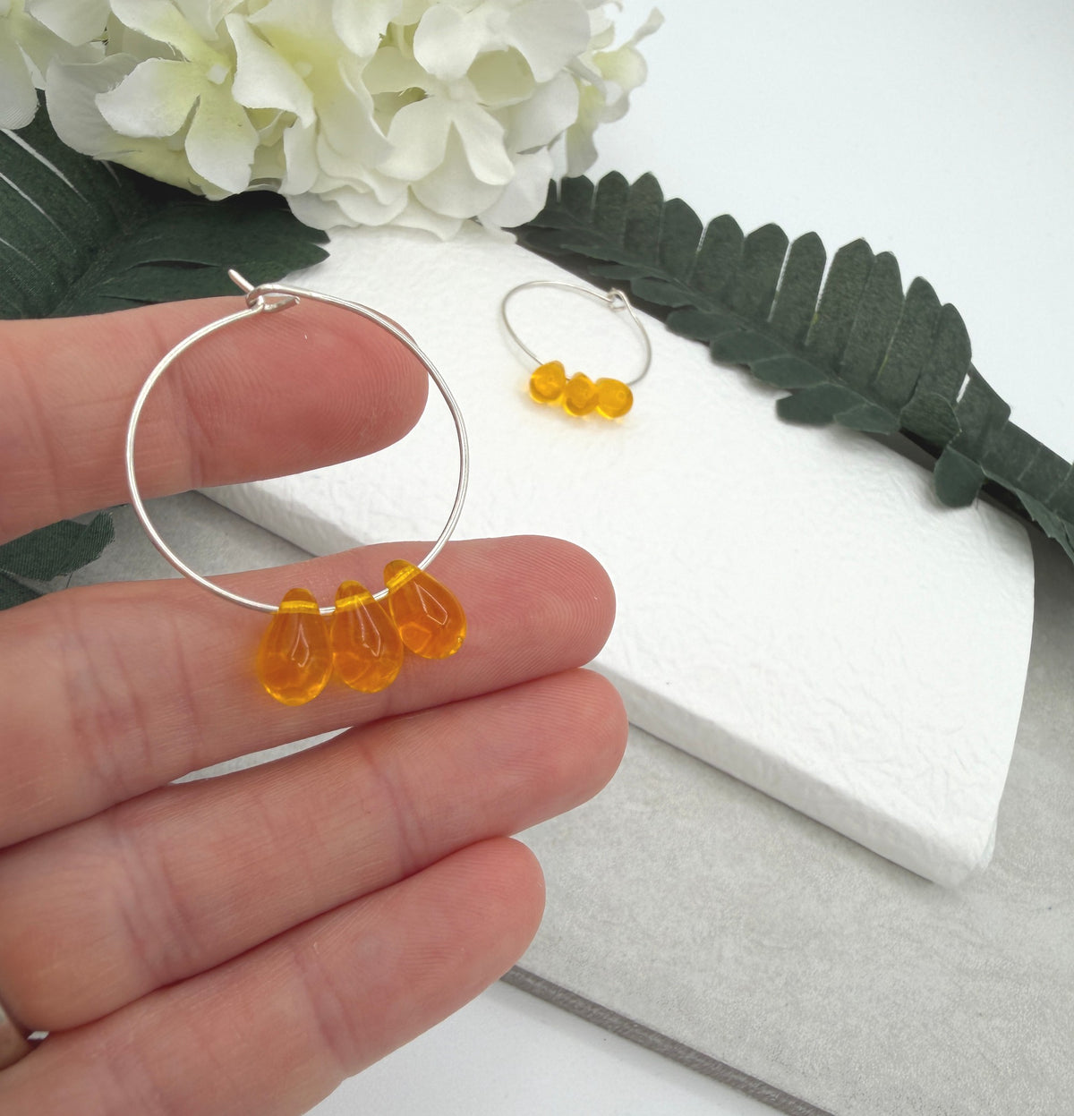 Hoop Earrings with Yellow Glass Teardrop Beads CHE-536