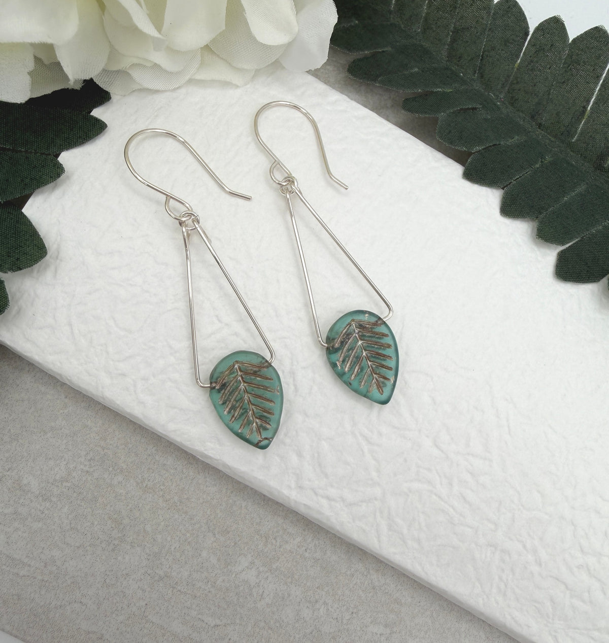 Earrings with Blue and Silver Czech Glass Leaf Beads on Sterling Silver Triangles CHE-538
