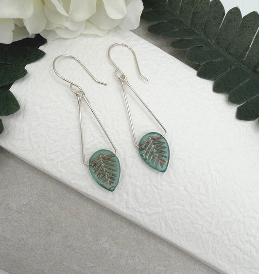 Earrings with Blue and Silver Czech Glass Leaf Beads on Sterling Silver Triangles CHE-538