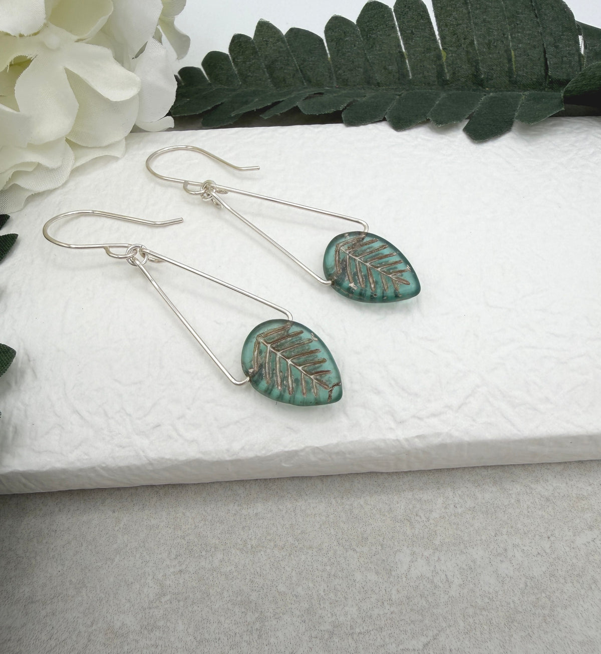 Earrings with Blue and Silver Czech Glass Leaf Beads on Sterling Silver Triangles CHE-538