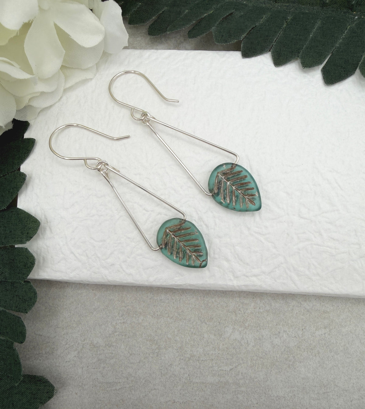 Earrings with Blue and Silver Czech Glass Leaf Beads on Sterling Silver Triangles CHE-538