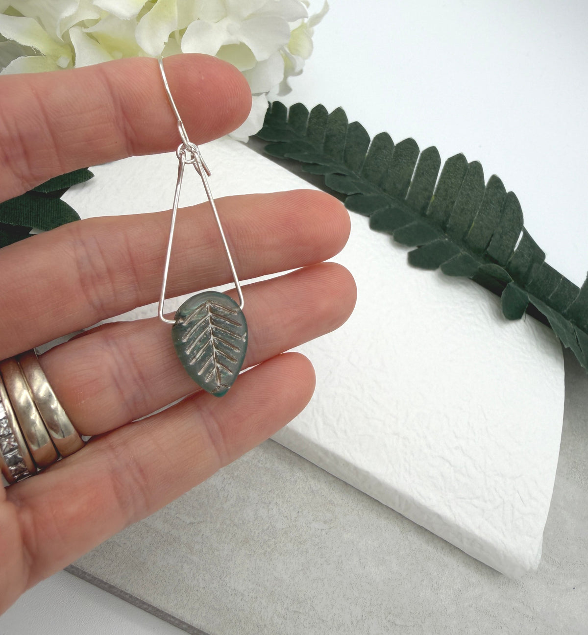 Earrings with Blue and Silver Czech Glass Leaf Beads on Sterling Silver Triangles CHE-538