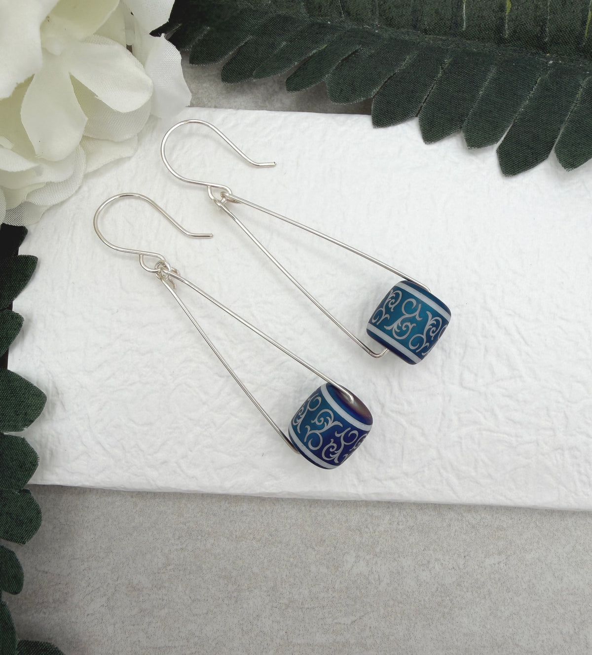 Earrings with Blue and Silver Czech Glass Lantern Tube Beads on Sterling Silver Triangles CHE-539