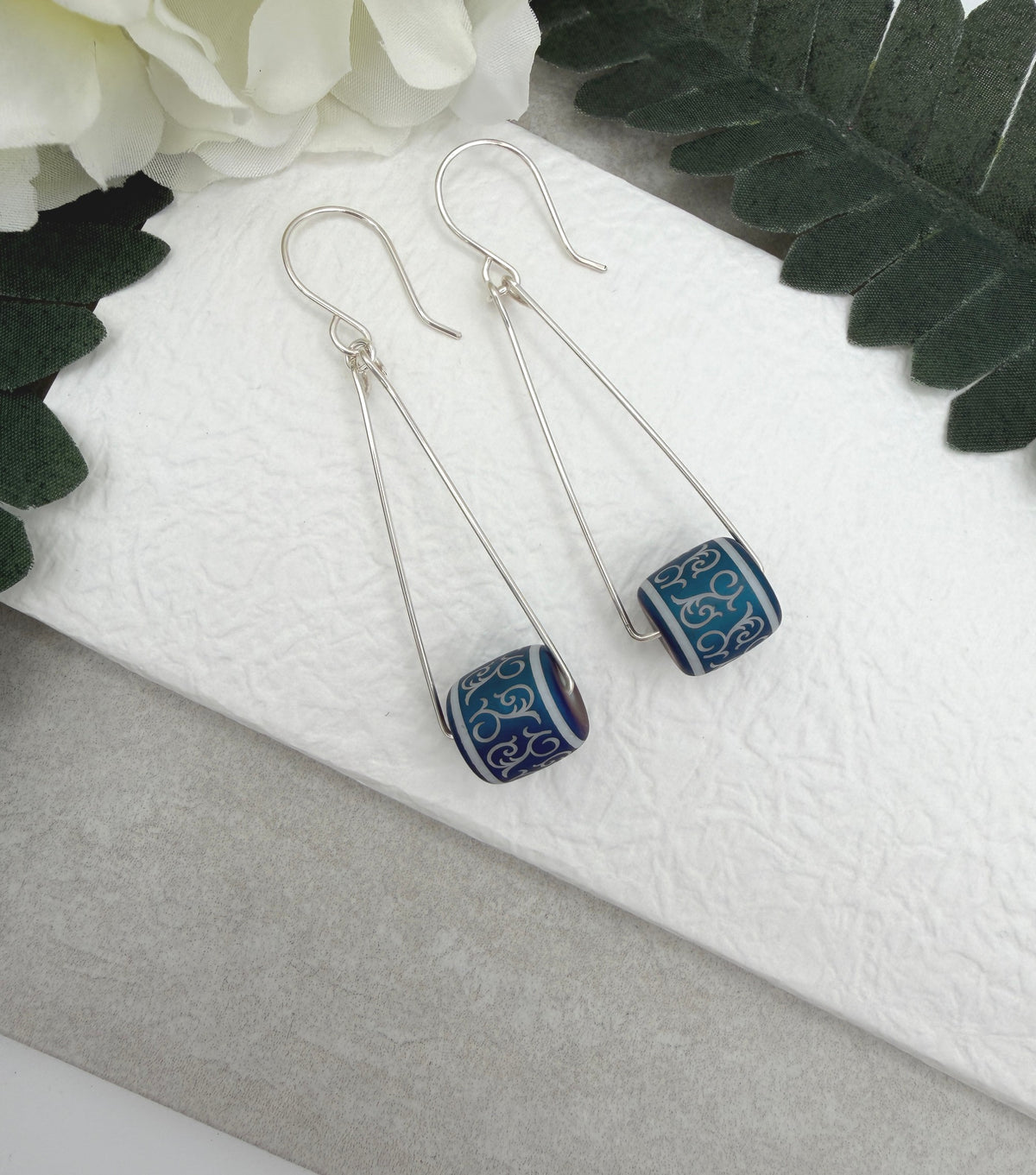 Earrings with Blue and Silver Czech Glass Lantern Tube Beads on Sterling Silver Triangles CHE-539