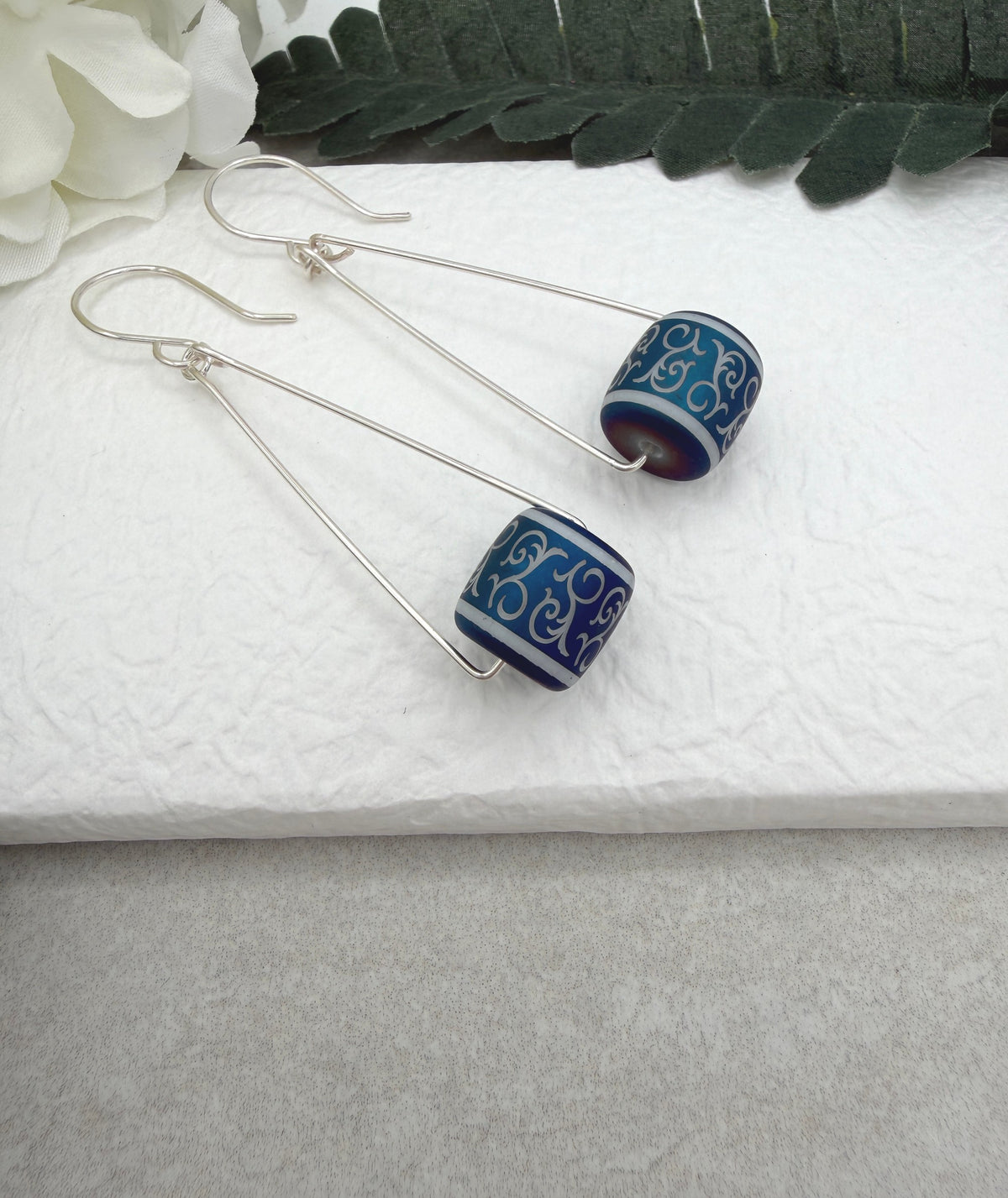 Earrings with Blue and Silver Czech Glass Lantern Tube Beads on Sterling Silver Triangles CHE-539