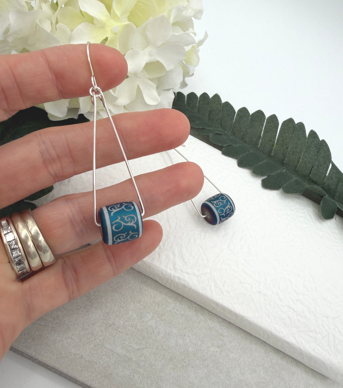 Earrings with Blue and Silver Czech Glass Lantern Tube Beads on Sterling Silver Triangles CHE-539
