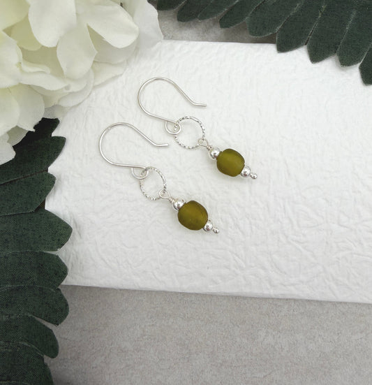 Earrings with Green, Frosted Recycled Glass, Sterling Silver Beads and Diamond Cut Loops on Sterling Silver Ear Wires CHE-540