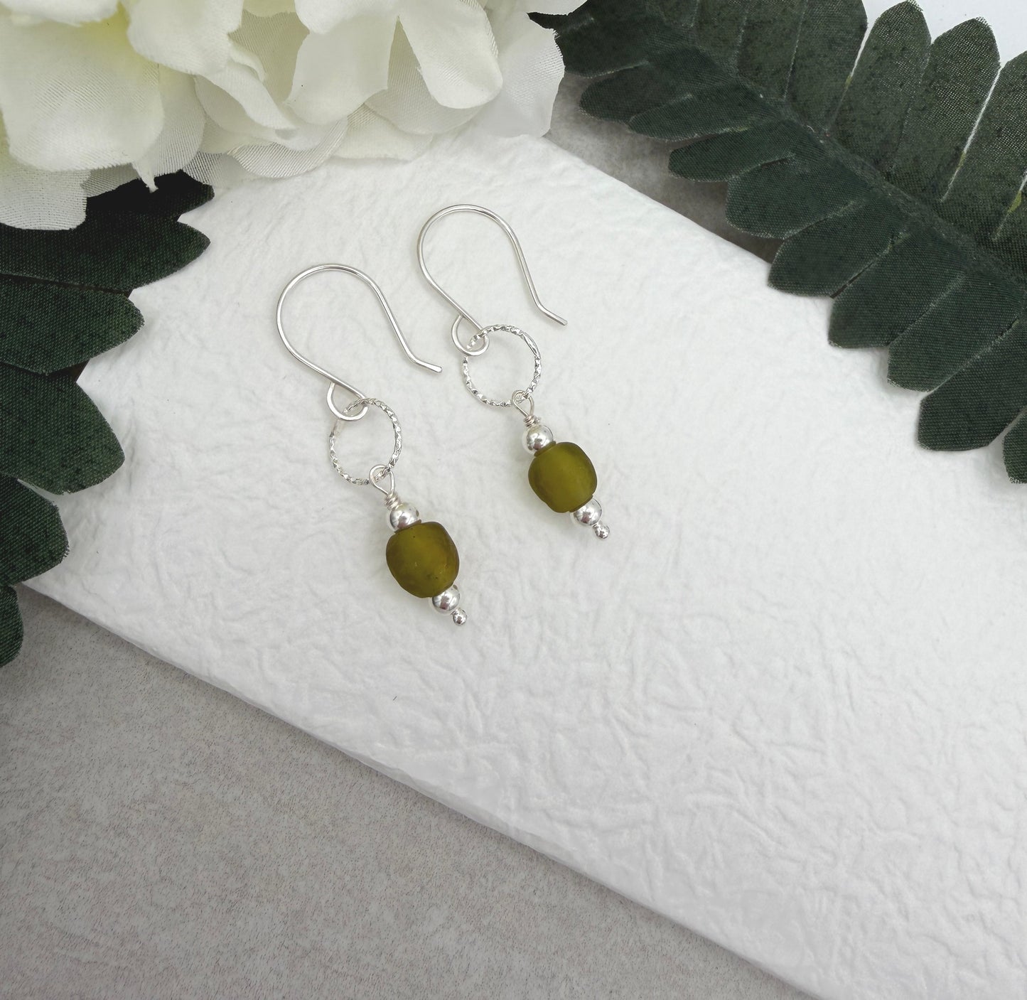 Earrings with Green, Frosted Recycled Glass, Sterling Silver Beads and Diamond Cut Loops on Sterling Silver Ear Wires CHE-540