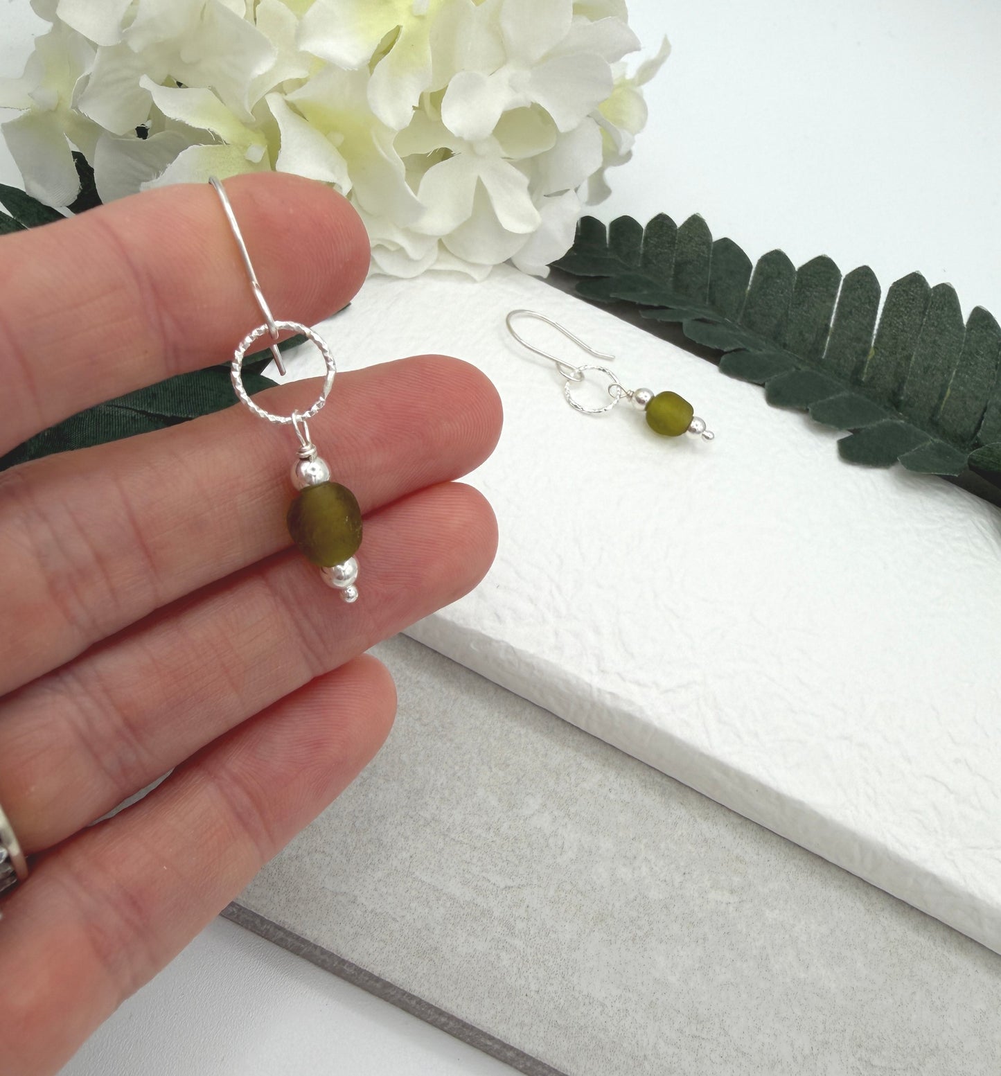 Earrings with Green, Frosted Recycled Glass, Sterling Silver Beads and Diamond Cut Loops on Sterling Silver Ear Wires CHE-540