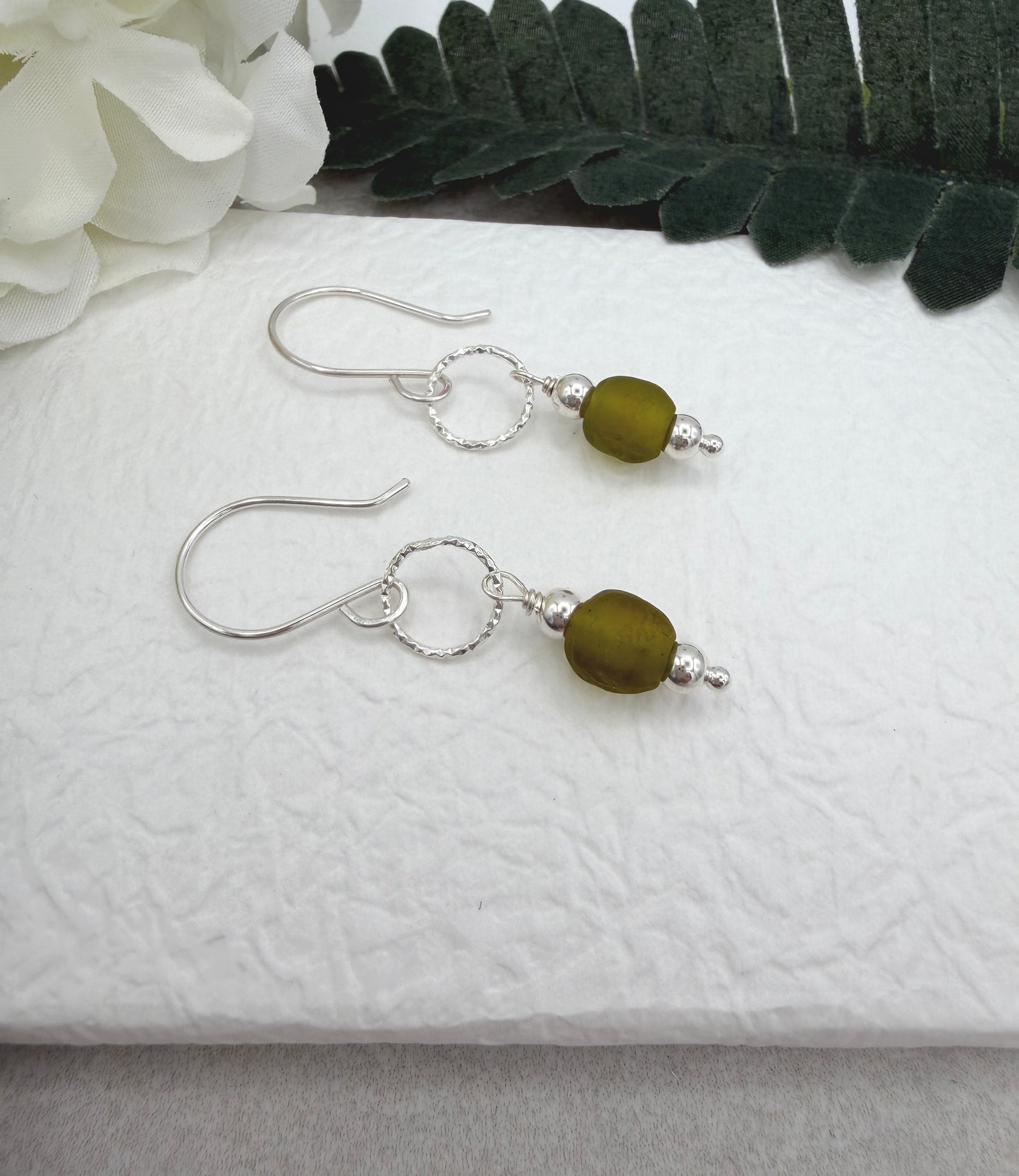 Earrings with Green, Frosted Recycled Glass, Sterling Silver Beads and Diamond Cut Loops on Sterling Silver Ear Wires CHE-540