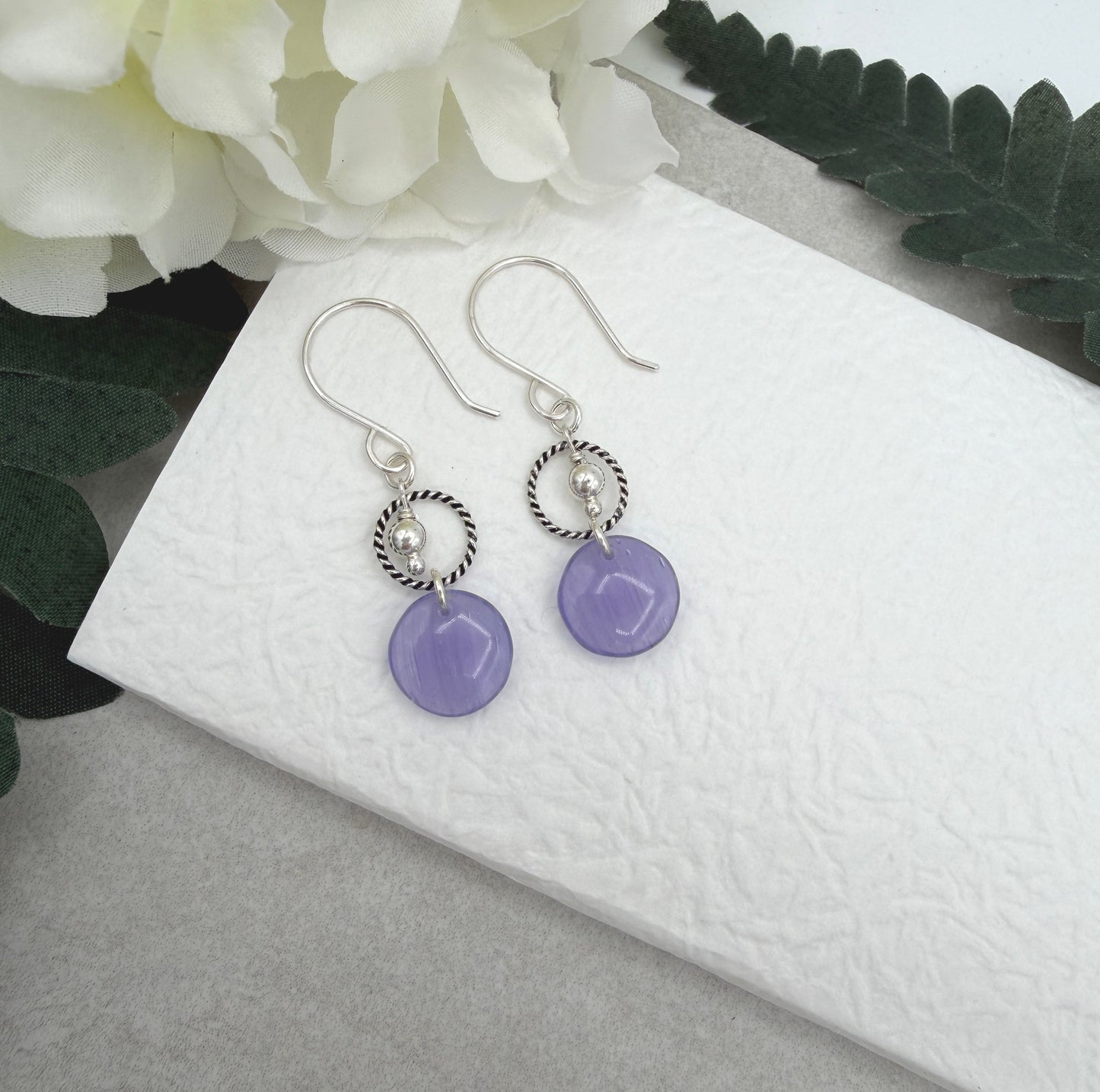 Earrings with Purple Glass Disc Beads, Sterling Silver Beads and Braided Loops on Sterling Silver Ear Wires CHE-542