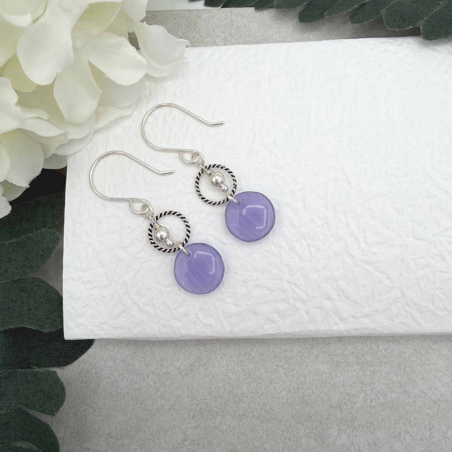 Earrings with Purple Glass Disc Beads, Sterling Silver Beads and Braided Loops on Sterling Silver Ear Wires CHE-542