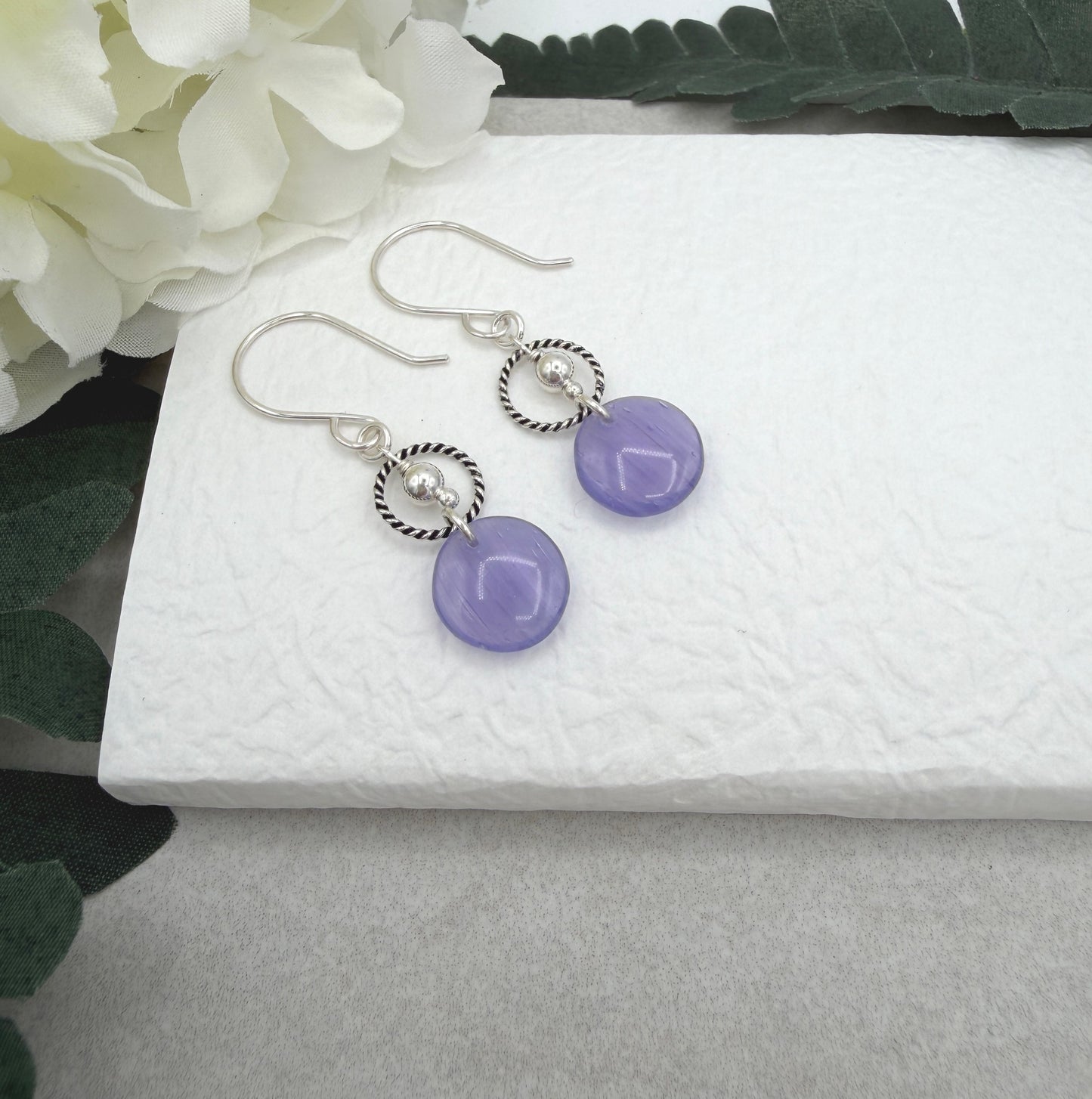 Earrings with Purple Glass Disc Beads, Sterling Silver Beads and Braided Loops on Sterling Silver Ear Wires CHE-542