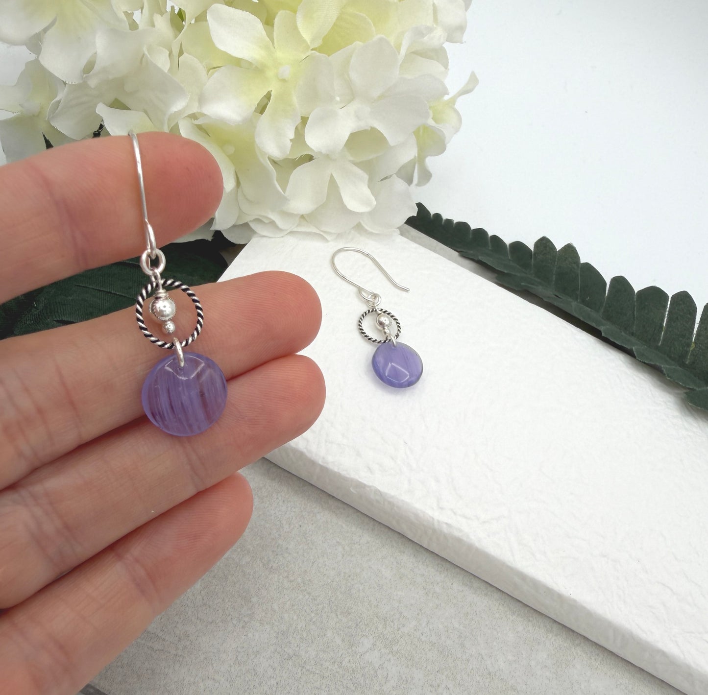 Earrings with Purple Glass Disc Beads, Sterling Silver Beads and Braided Loops on Sterling Silver Ear Wires CHE-542