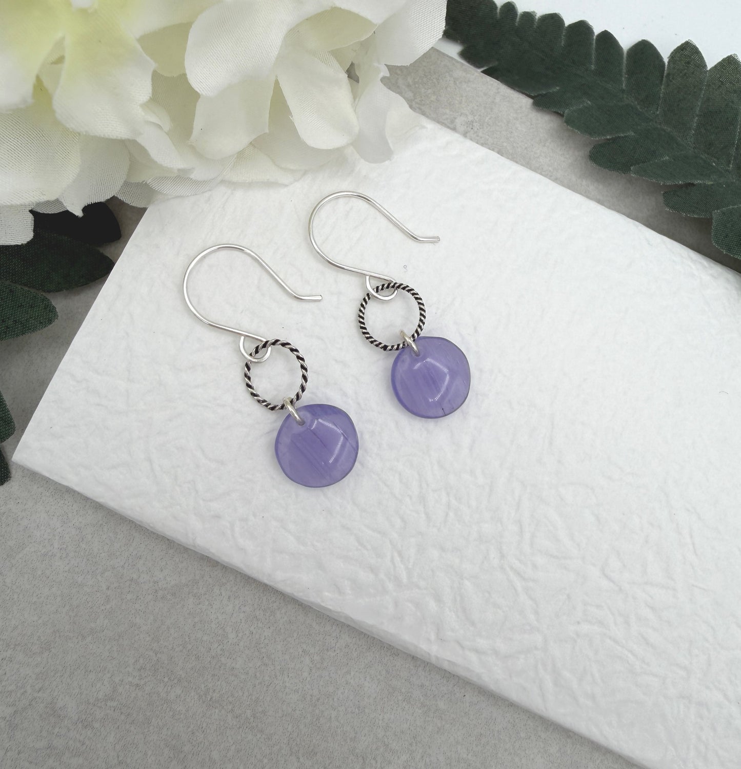 Earrings with Purple Glass Disc Beads and Braided Loops on Sterling Silver Ear Wires CHE-543
