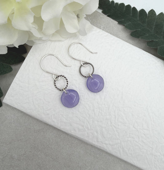 Earrings with Purple Glass Disc Beads and Braided Loops on Sterling Silver Ear Wires CHE-543