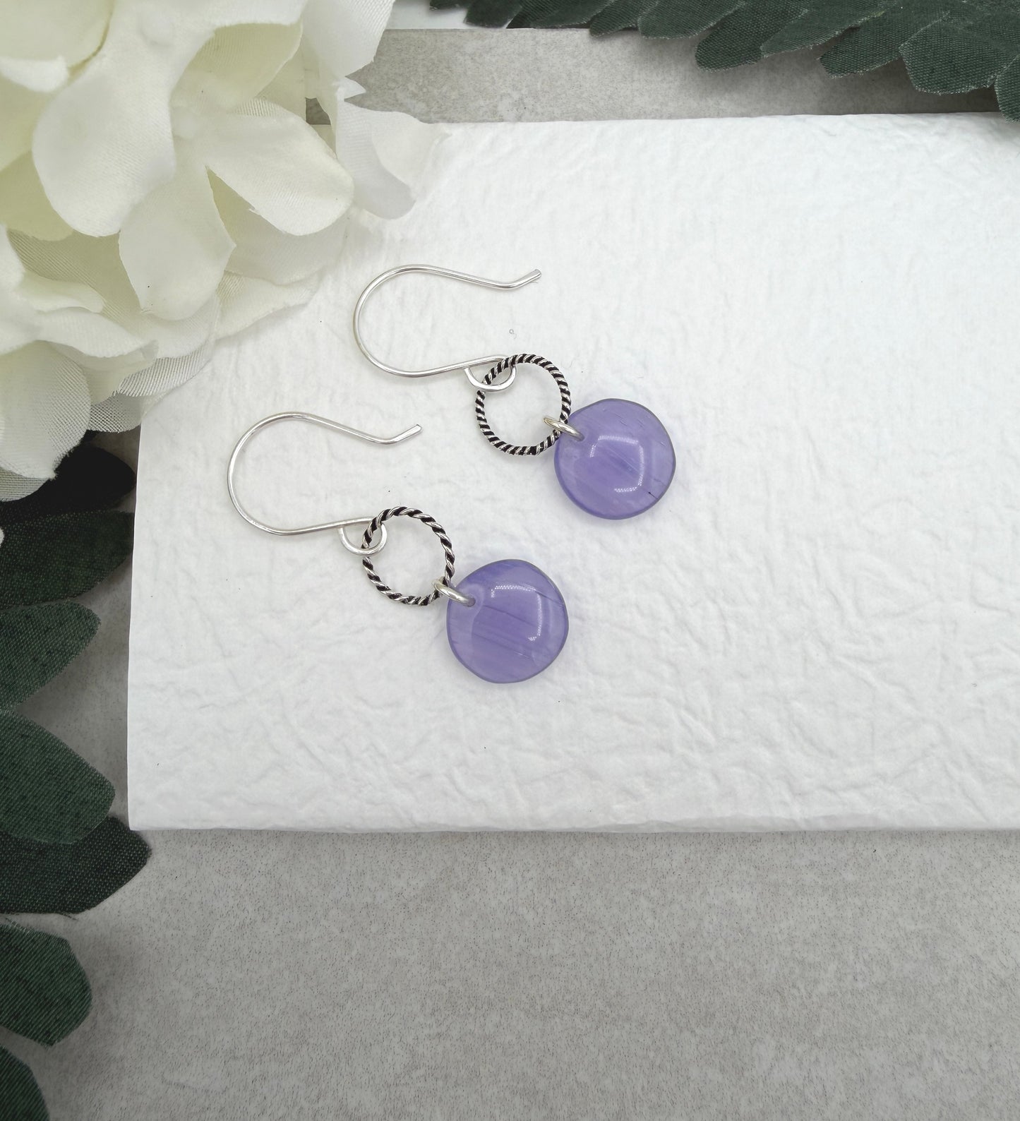 Earrings with Purple Glass Disc Beads and Braided Loops on Sterling Silver Ear Wires CHE-543