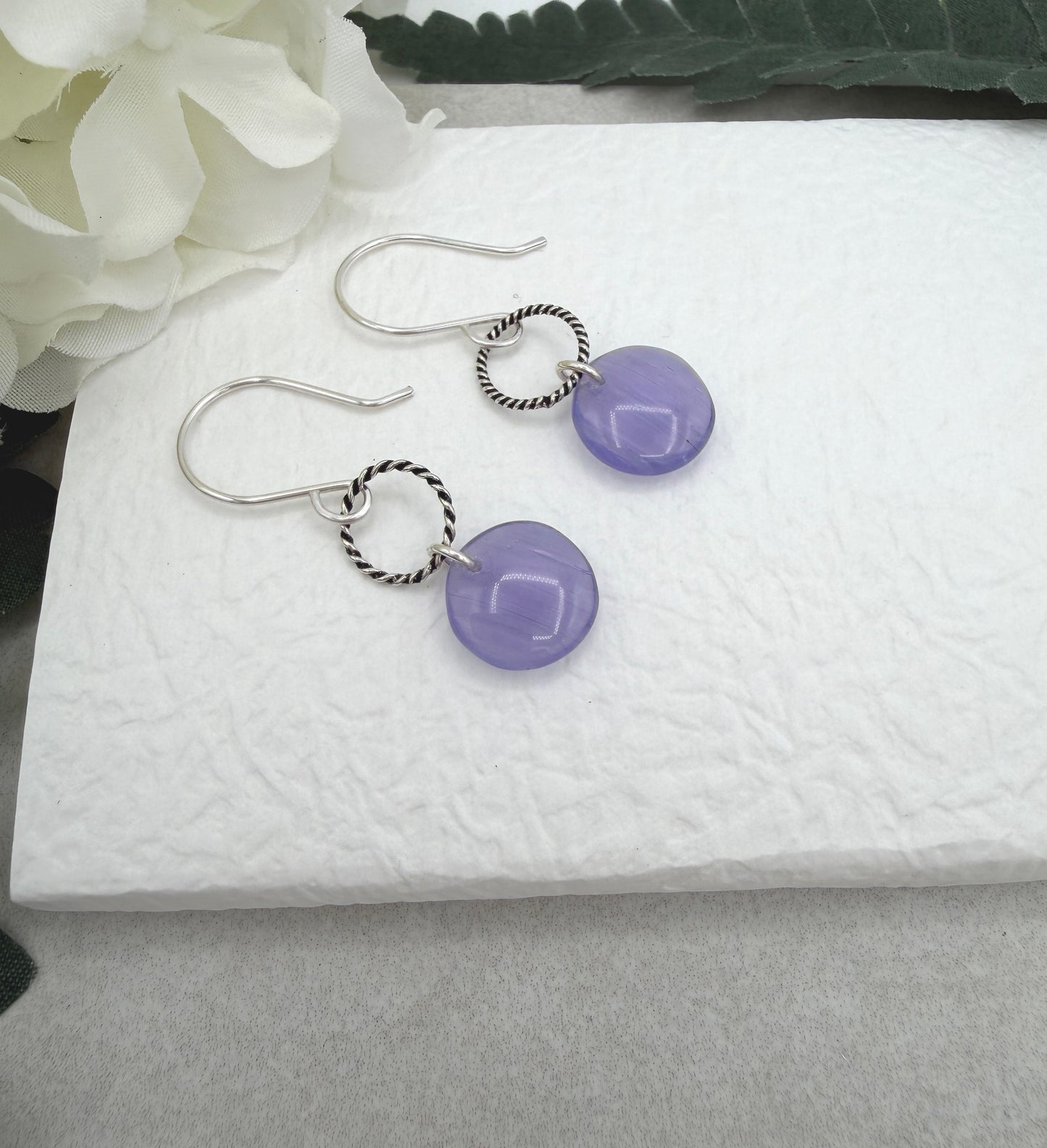 Earrings with Purple Glass Disc Beads and Braided Loops on Sterling Silver Ear Wires CHE-543