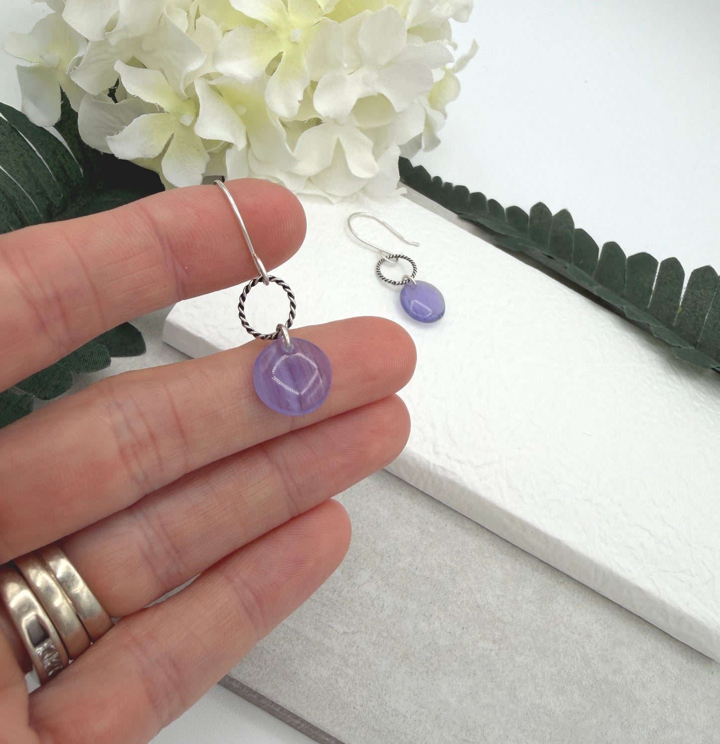 Earrings with Purple Glass Disc Beads and Braided Loops on Sterling Silver Ear Wires CHE-543