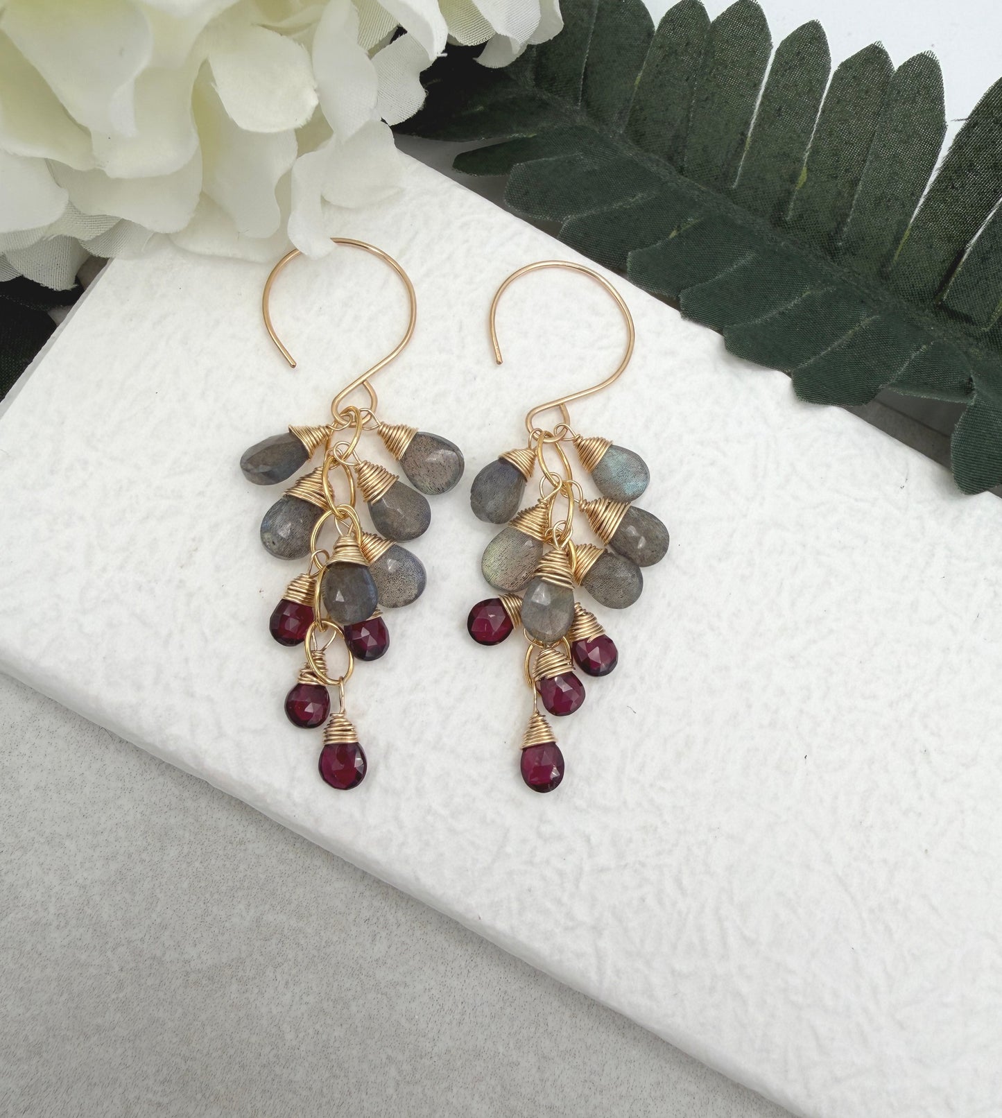 Earrings with Cascades of Labradorite and Garnet Teardrops on Gold Filled Chain GBE-9