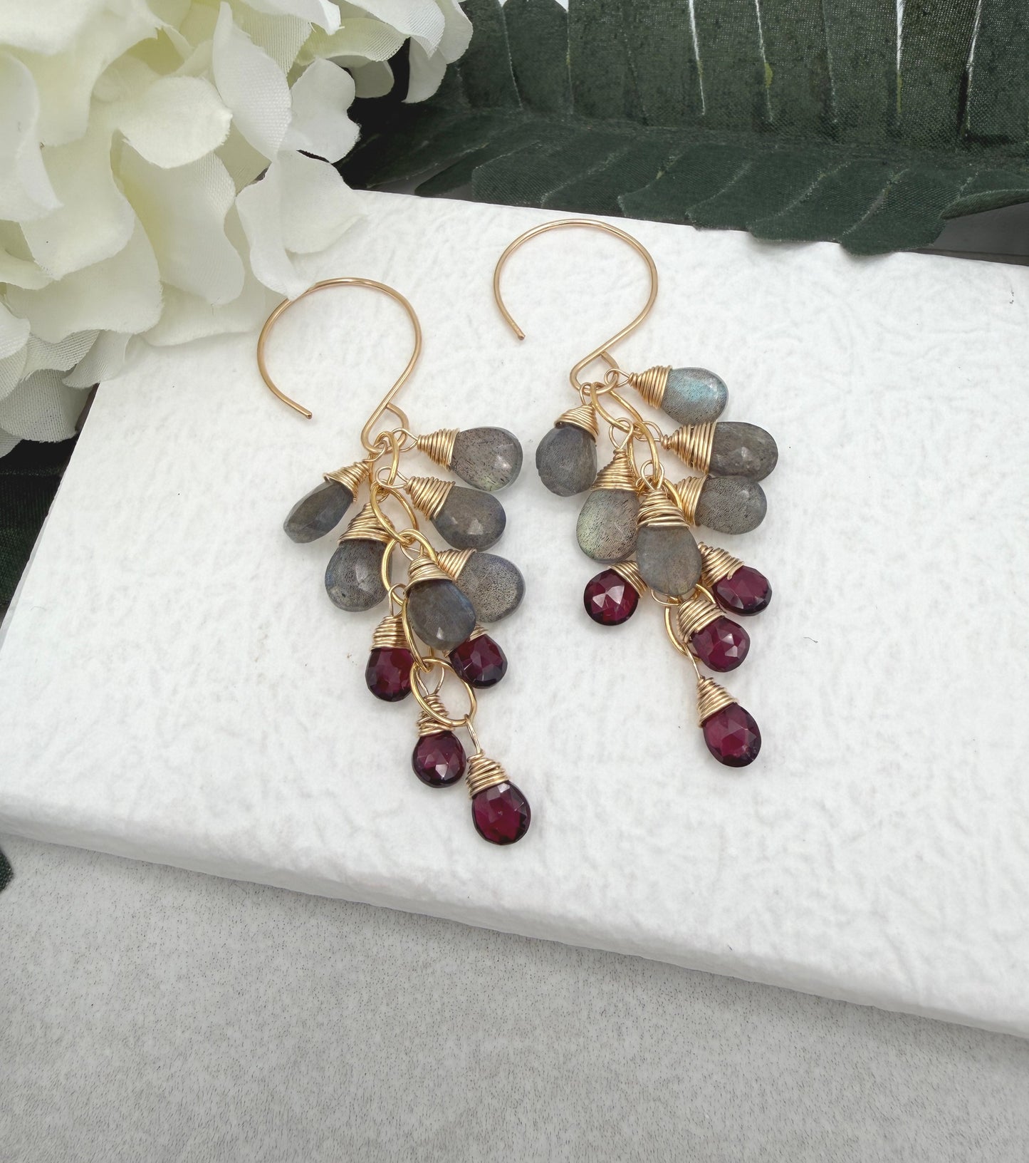 Earrings with Cascades of Labradorite and Garnet Teardrops on Gold Filled Chain GBE-9