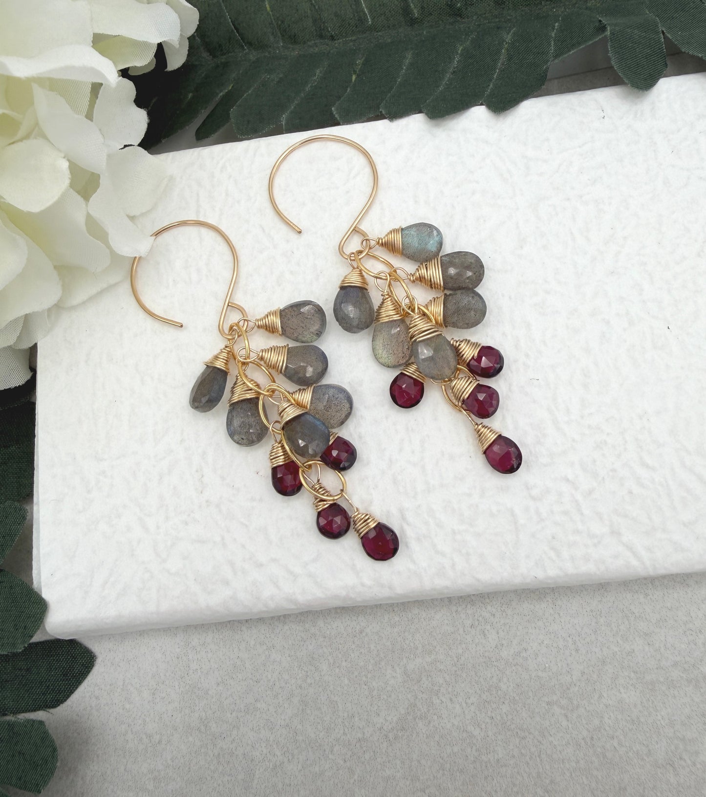 Earrings with Cascades of Labradorite and Garnet Teardrops on Gold Filled Chain GBE-9