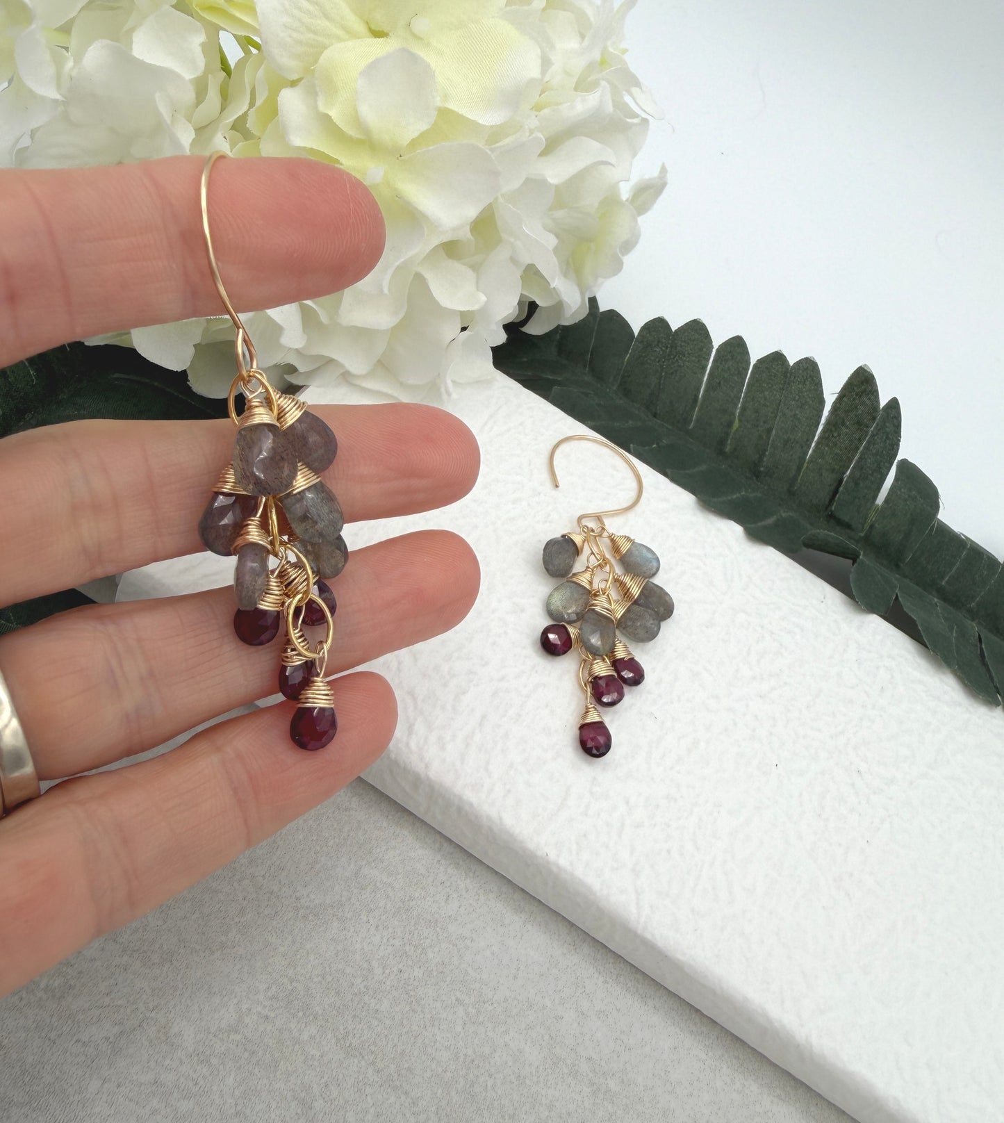 Earrings with Cascades of Labradorite and Garnet Teardrops on Gold Filled Chain GBE-9