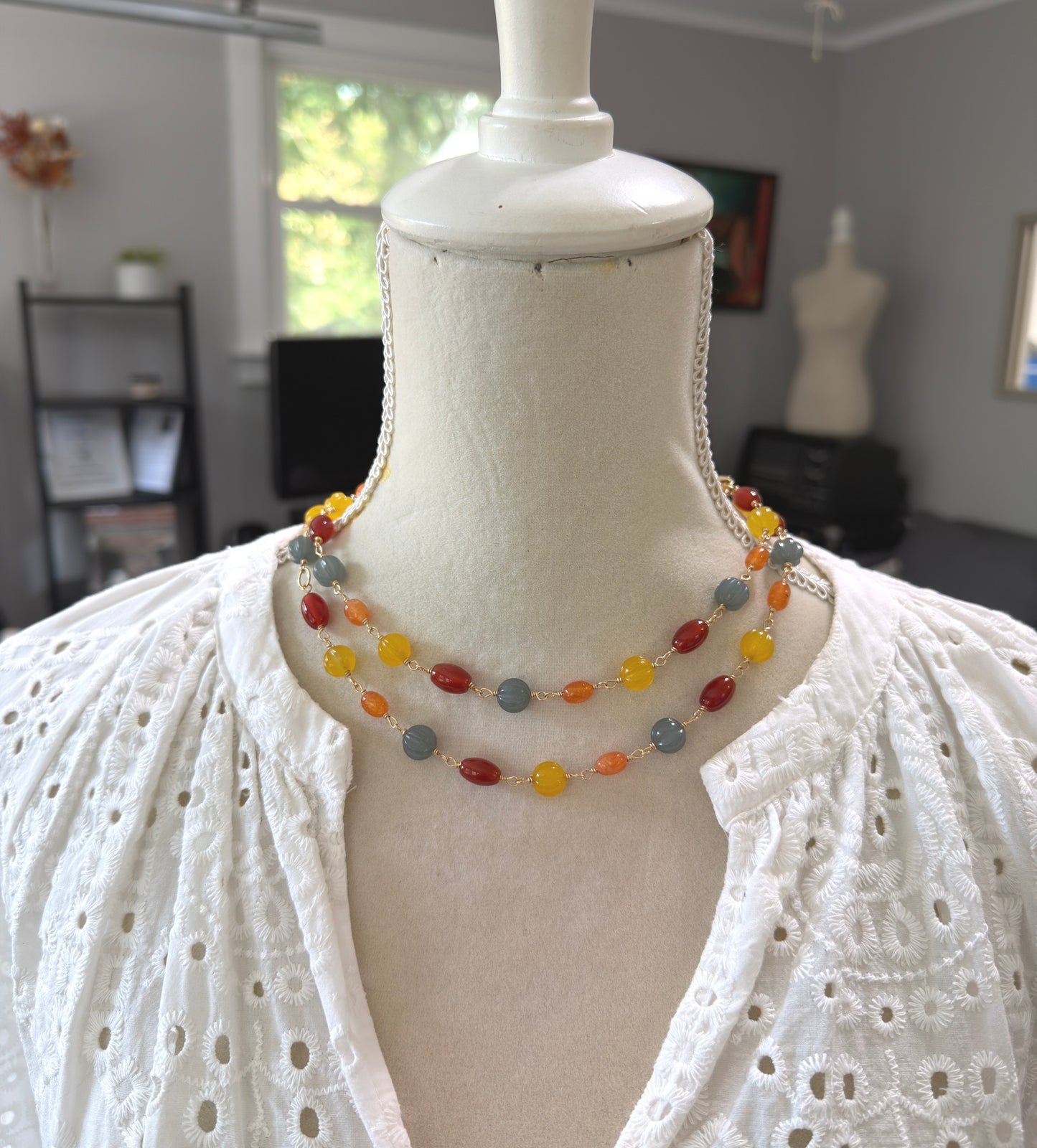 Necklace with Orange, Yellow and Blue Jade and Red Agate and Gold Filled Wire GBN-4