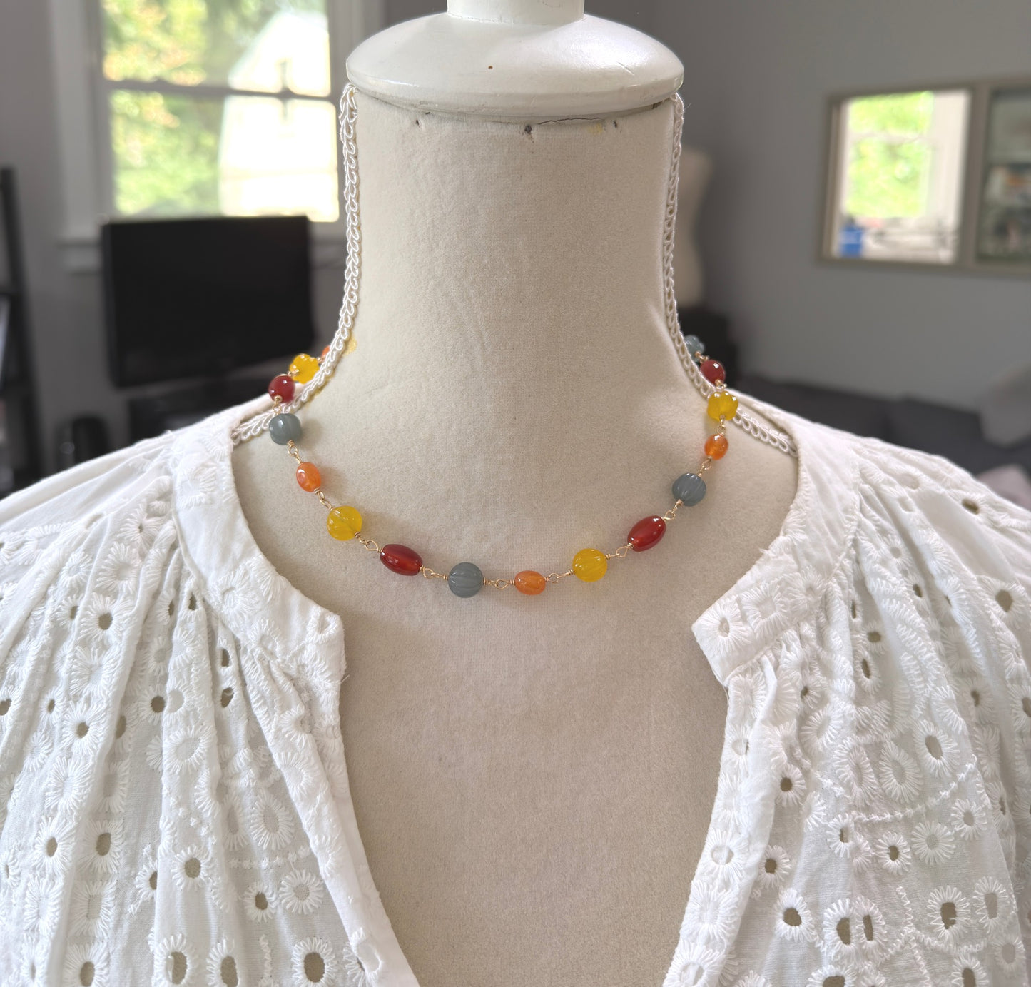 Necklace with Orange, Yellow and Blue Jade and Red Agate and Gold Filled Wire GBN-4