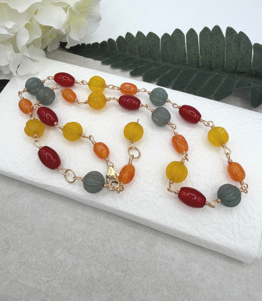 Necklace with Orange, Yellow and Blue Jade and Red Agate and Gold Filled Wire GBN-4
