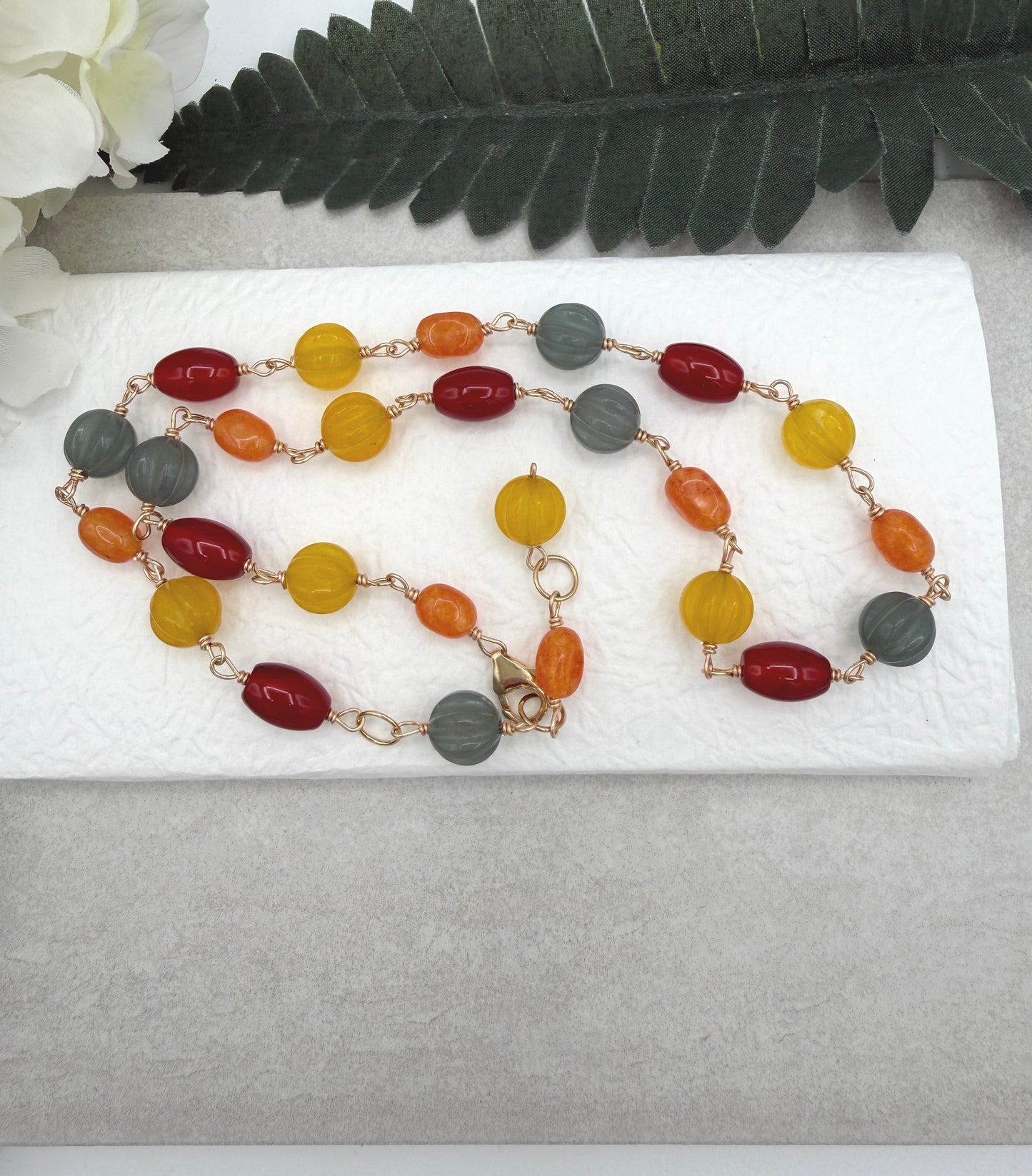 Necklace with Orange, Yellow and Blue Jade and Red Agate and Gold Filled Wire GBN-4
