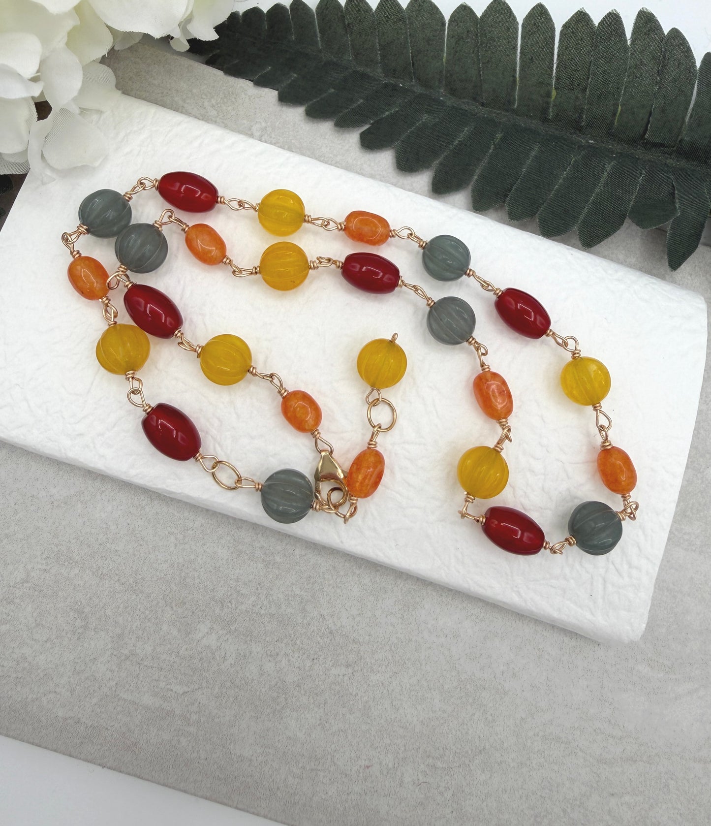 Necklace with Orange, Yellow and Blue Jade and Red Agate and Gold Filled Wire GBN-4