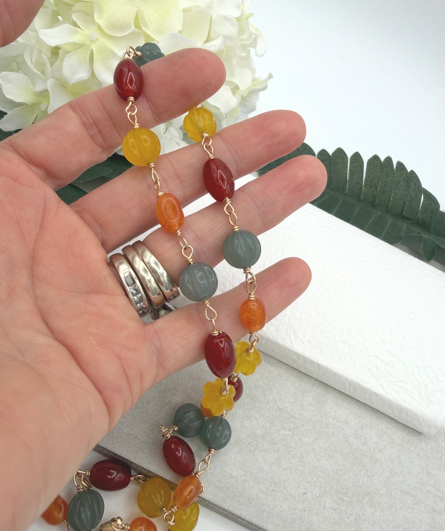 Necklace with Orange, Yellow and Blue Jade and Red Agate and Gold Filled Wire GBN-4