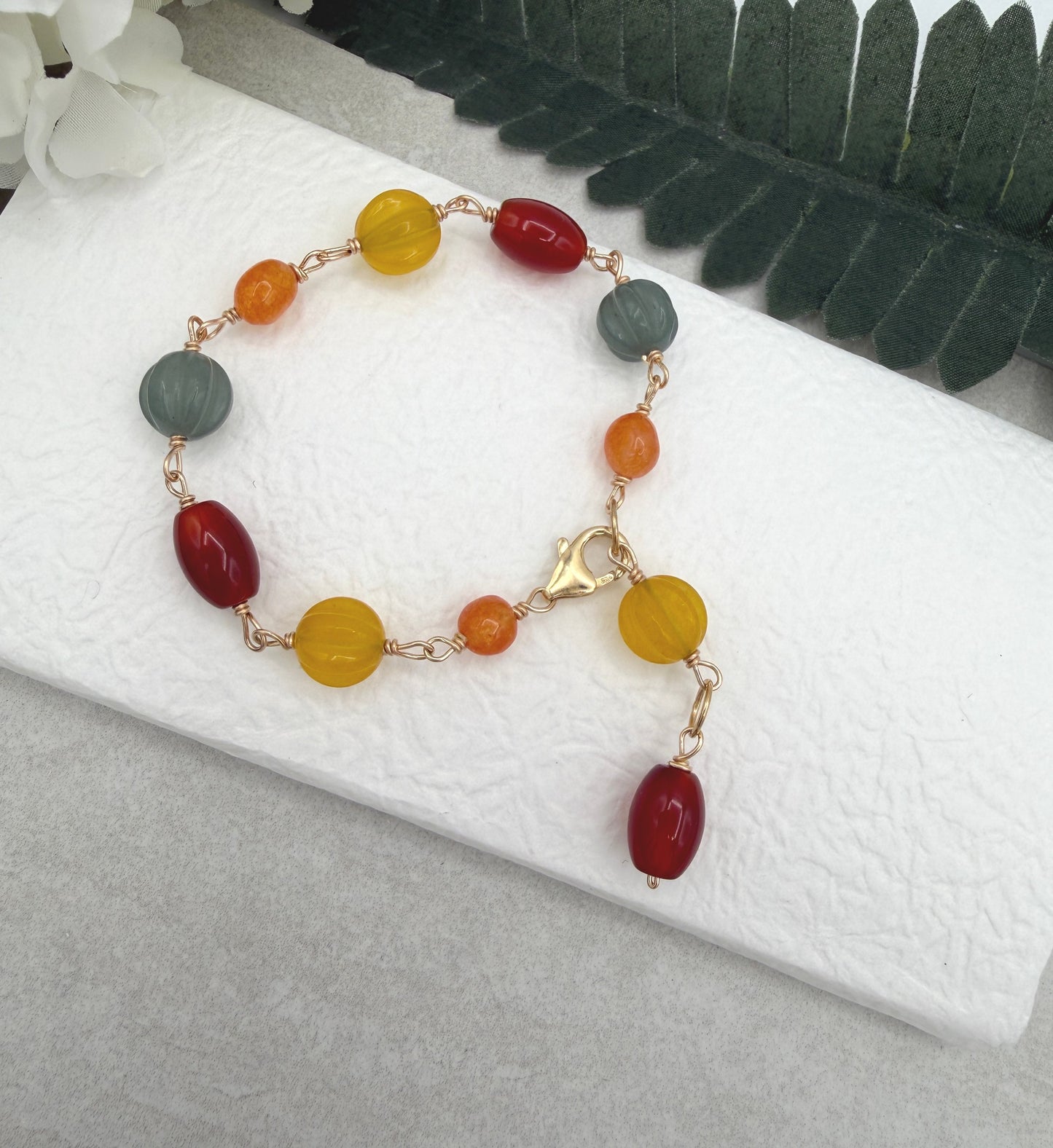 Bracelet with Orange, Yellow and Blue Jade and Red Agate and Gold Filled Wire GBNB-10