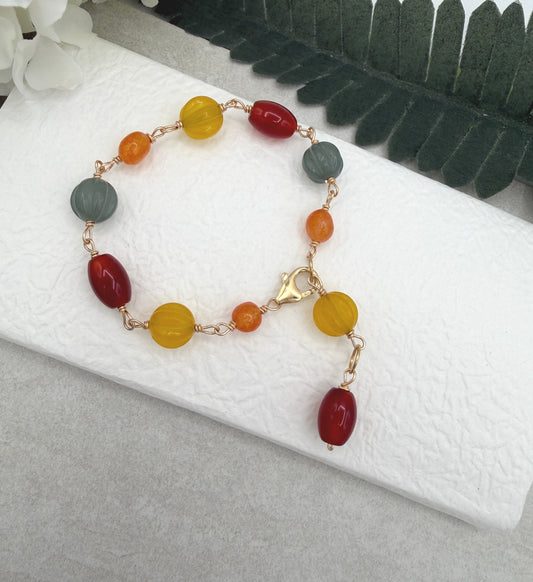 Bracelet with Orange, Yellow and Blue Jade and Red Agate and Gold Filled Wire GBNB-10