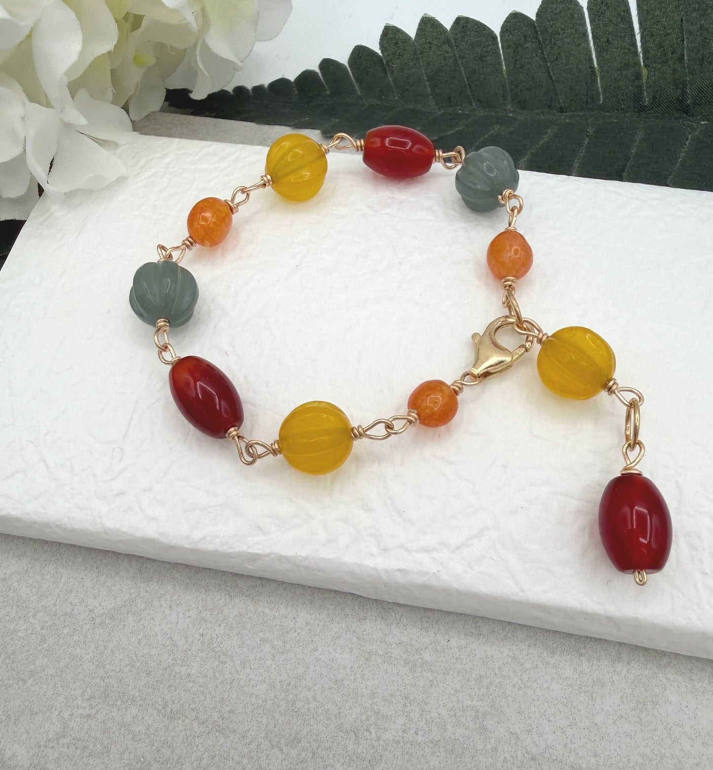 Bracelet with Orange, Yellow and Blue Jade and Red Agate and Gold Filled Wire GBNB-10