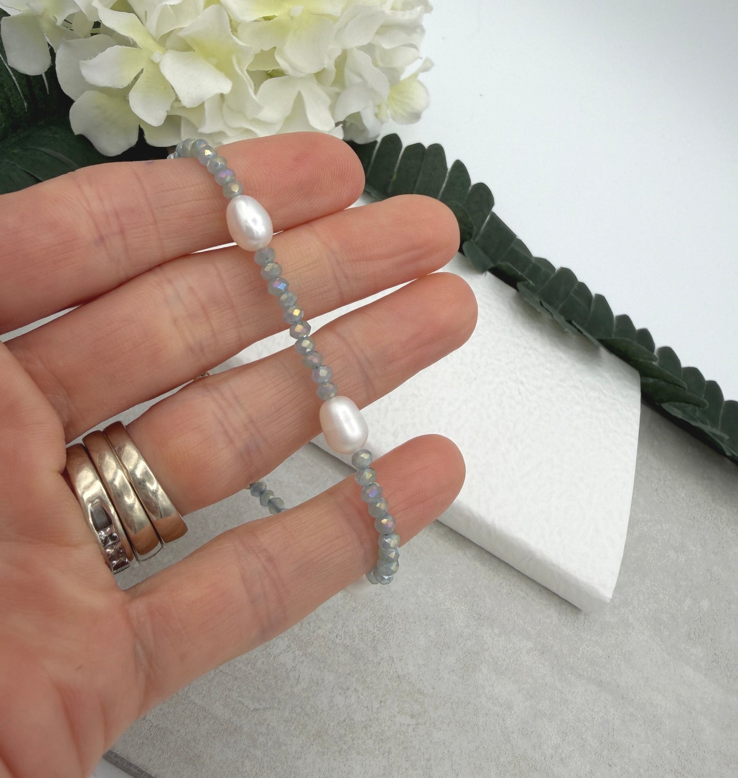 Bracelet with Blue Crystal Beads, Pear Shaped Pearls and Gold Filled GBNB-9