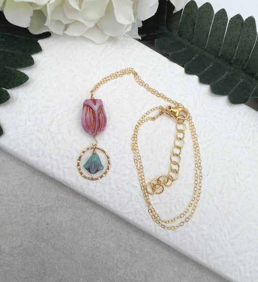 Necklace with Pink and Purple Czech Glass Tulip Beads and a Gold Filled Textured Loop GCDN-201