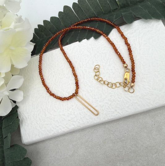 Necklace with Tiny, Brown Ruby Beads and a Gold Filled Paperclip Loop Drop GCDN-202